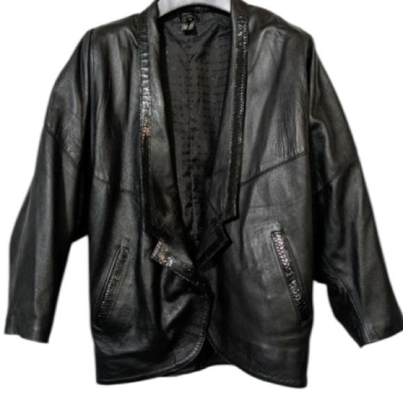 Vintage 80s Snakeskin Batwing Black Leather Jacket Made In Turkey Sz Small Women - Picture 1 of 12